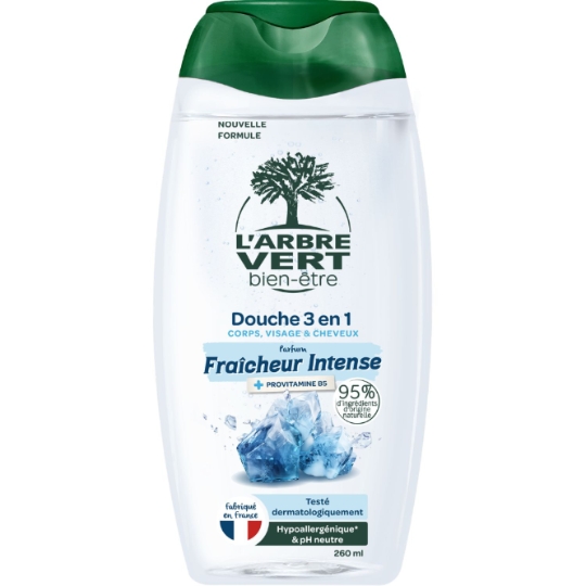 Gel Douche 3 en 1 Corps Visage & Cheveux Fraîcheur Intense Hypoallergénique et pH Neutre L'ARBRE VERT BIEN-ETRE