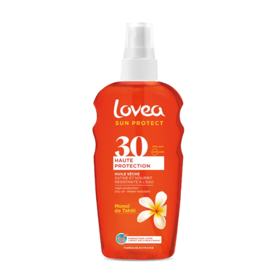 Huile Sèche Spf30 Haute Protection Satine et Nourrit Résistante à l'Eau au Monoi de Tahiti LOVEA