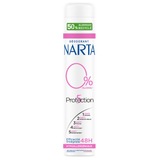 Déodorant spray 0% Alcool Anti-odeurs Anti-humidité Anti-traces Anti-irritations Anti-dessèchement Protection 5 NARTA