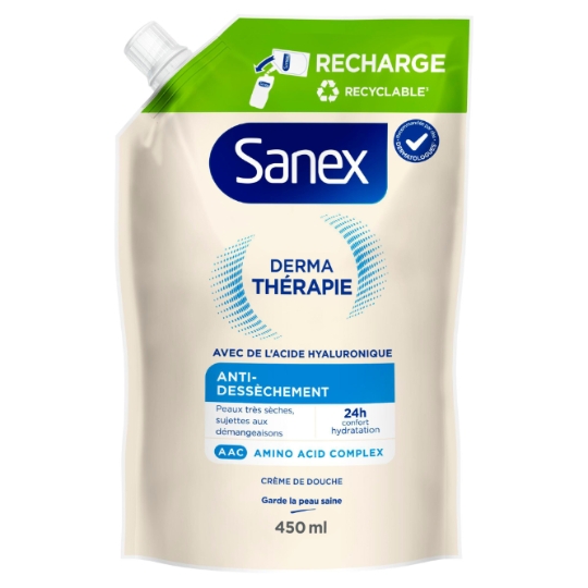 Recharge Crème de Douche Anti-Dessèchement pour Peaux très Sèches Sujettes aux Démangeaisons Derma Thérapie SANEX