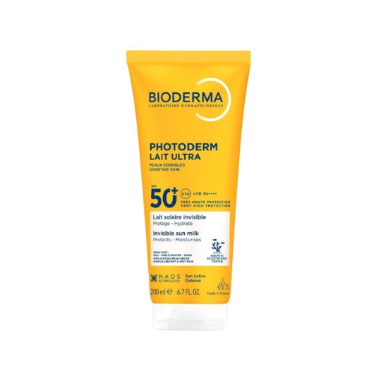 Lait solaire Adulte et Bébé Peau Sensible Très Haute Protection Spf 50+ Invisible Photoderm Lait Ultra BIODERMA