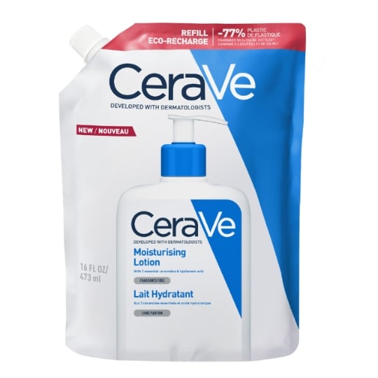 Lait Hydratant Visage et Corps Peaux Sèches Aux 3 Céramides Essentiels et Acide Hyaluronique Sans Parfum Éco-recharge -77% De Plastique CERAVE