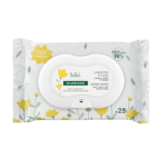 Lingettes bébé Nettoyantes Visage Corps et Siège à l'Eau D'origine Végétale KLORANE