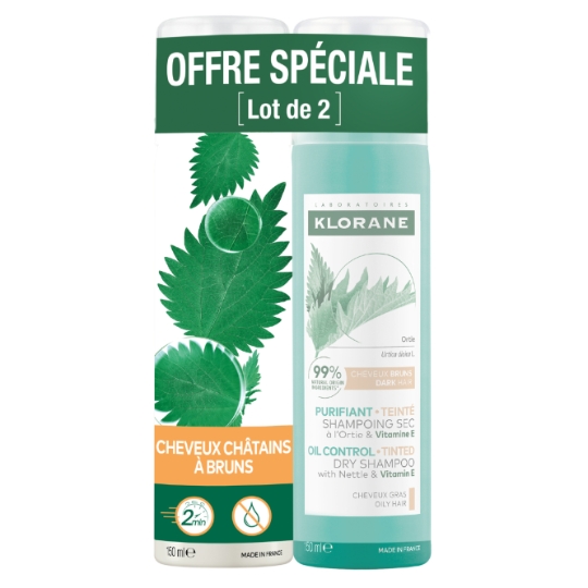 Shampooing Sec Purifiant + Teinté à l'Ortie & Vitamine E pour Cheveux Gras Châtains à Bruns KLORANE