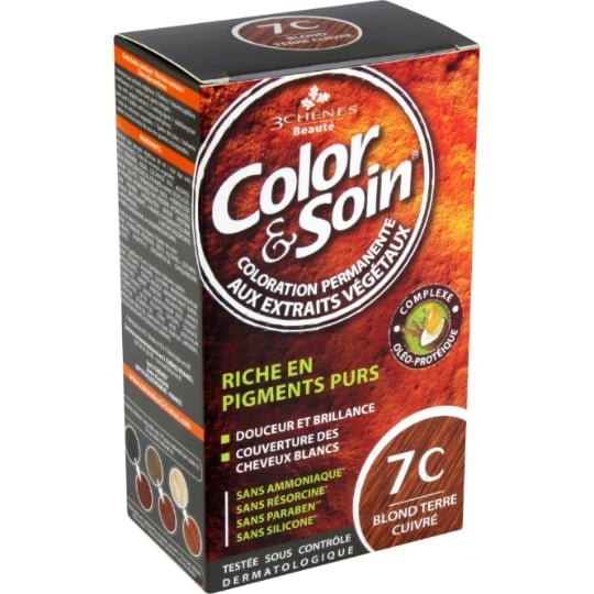 Coloration Permanente 7C Blond Terre Cuivré Sans Ammoniaque Color et Soin 3 CHENES