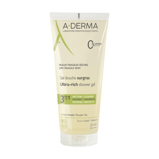 Gel douche Peaux Sèches et Fragiles Nettoie Nourrit et Protège Visage et Corps Surgras Rhealba A-DERMA