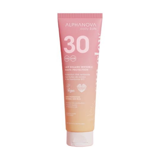 Lait Solaire Invisible Haute Protection Spf 30 aux Huiles Essentielles de Jojoba et de Framboise Bio pour Visage et Corps ALPHANOVA DAILY SUN