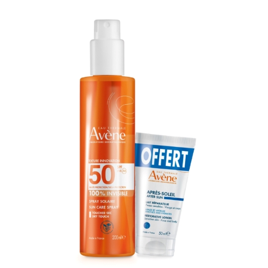 Spray Solaire Spf 50+ 100% Invisible + Lait Réparateur Après-Soleil Peaux Sensibles pour Visage et Corps Offert EAU THERMALE AVENE