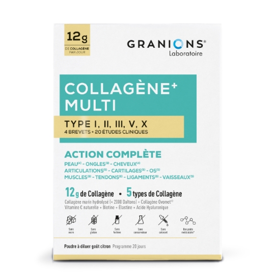 Complément Alimentaire Collagène+ Multi Type I, II, III, V, X Action Complète Poudre à Diluer Goût Citron GRANIONS BEAUTE