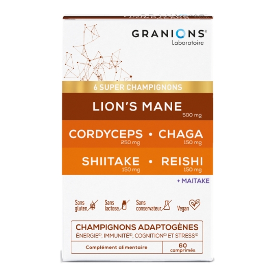 Complément Alimentaire 6 Super Champignons Adaptogènes pour Energie, Immunité, Cognition et Stress GRANIONS CHAMPIGNONS