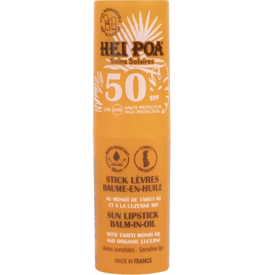 Stick Lèvres Baume en Huile Spf 50+ Haute Protection Lèvres Sensibles Résistant à l'Eau Monoï de Tahiti Luzerne Bio Femmes Enceintes HEI POA