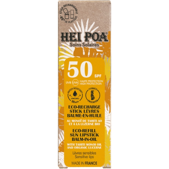 Eco-Recharge Stick Lèvres Baume en Huile Eco-Recharge Lèvres Sensibles Spf 50 Haute Protection Water Resistant Femmes Enceintes Luzerne Bio Monoï De Tahiti HEI POA