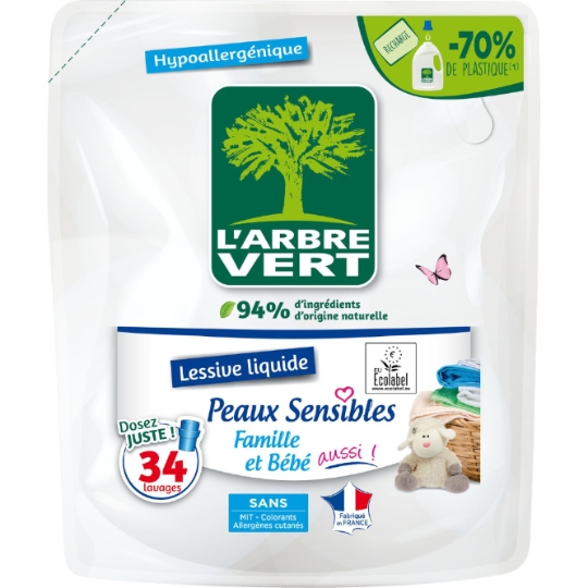 Lessive liquide Peaux Sensibles Famille et Bébé Hypollergénique Ecolabel L'ARBRE VERT
