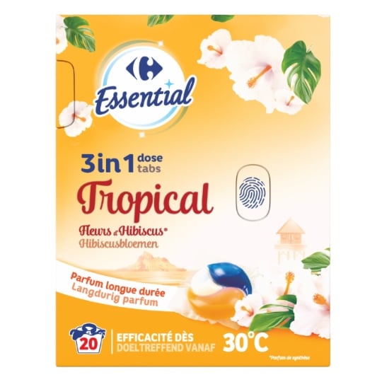 Capsules de lessive soluble pour machine à laver capsules 3en1 Tropical Fleurs d'hibiscus CARREFOUR ESSENTIAL