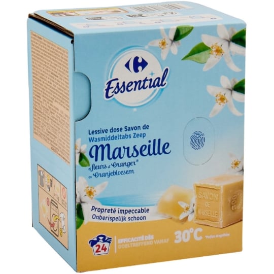 Capsules de lessive pour machine à laver - dosage soluble pour linge Tablettes Savon de Marseille Fleurs d'Oranger CARREFOUR ESSENTIAL