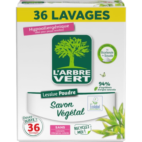 Lessive en poudre Peaux sensibles Bicarbonate Savon végétal L'ARBRE VERT