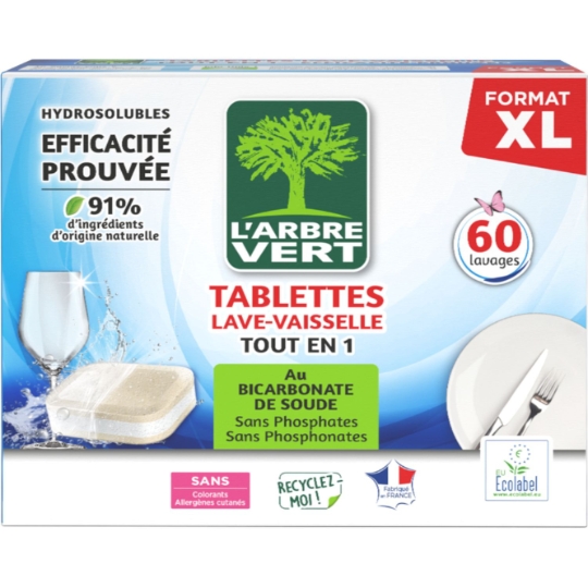 Tablettes Lave-vaisselle Tout en 1 Bicarbonate de Soude Ecolabel L'ARBRE VERT
