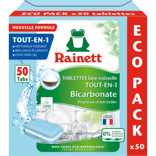 Tablettes Lave-vaisselle Tout en 1 Dégraissant Bicarbonate Ecolabel RAINETT