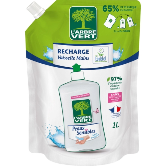 Liquide vaisselle Recharge Hypoallergénique Peaux Sensibles Ecolabel L'ARBRE VERT