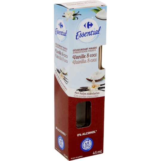 Désodorisant Mikado Aux Huiles Essentielles Vanille et Coco CARREFOUR ESSENTIAL