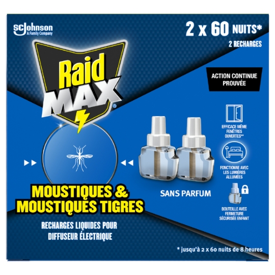 Anti-Moustiques Répulsif Recharge Électrique Liquide Sans Parfum Action Continue Max RAID