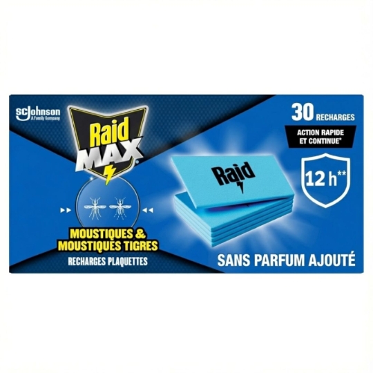 Anti-Moustiques Recharges Plaquettes Sans Parfum Moustiques et Moustiques Tigres Max RAID