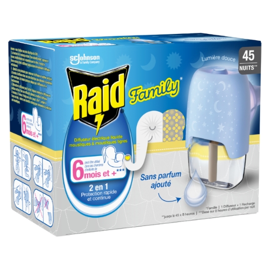 Diffuseur Electrique Liquide Anti-moustiques 2en1 Sans Parfum Ajoutés 45 Nuits RAID