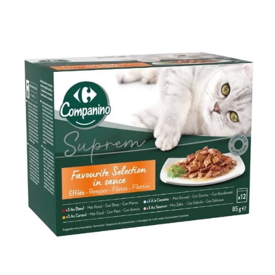 Pâtée Pour Chat Adulte Effilée En Sauce Boeuf Canard Crevette Saumon Suprême CARREFOUR COMPANINO