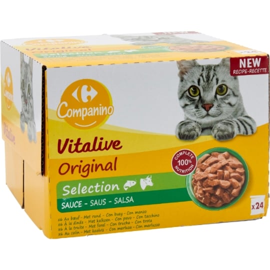 Pâtée pour Chat Adulte Emincés en Sauce Boeuf Dinde Truite Colin Vitalive CARREFOUR COMPANINO