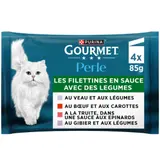 Pâtée Pour Chat Adulte Mini Filets En Sauce Veau Boeuf Truite Gibier Légumes Perle GOURMET