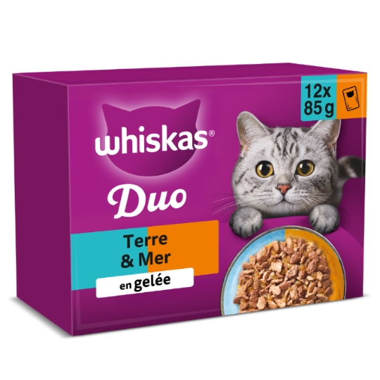 Pâtée Pour Chat Adulte En Gelée Cabillaud Poulet Saumon Dinde Thon Truite Duo Terre Mer WHISKAS