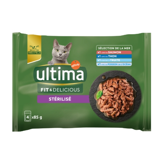 Pâtée Pour Chat Adulte Stérilisé En Sauce Saumon Thon Truite Poisson ULTIMA