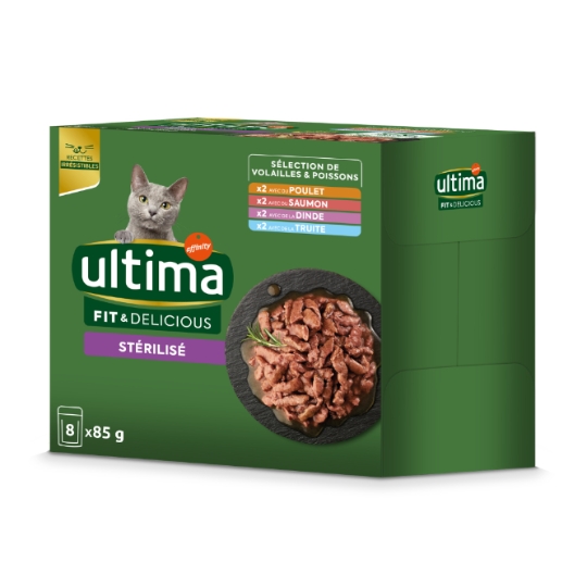 Pâtée Pour Chat Adulte Stérilisé En Sauce Poulet Saumon Dinde Truite Fit & Delicious ULTIMA