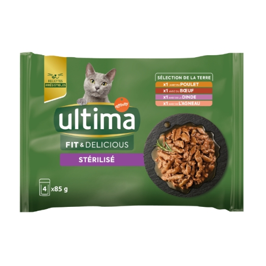 Pâtée pour Chat Stérilisé en Sauce Poulet Bœuf Dinde Agneau Fit & Delicious ULTIMA