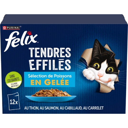 Pâtée Pour Chat Adulte Tendres Effilés En Gelée Thon Cabillaud Saumon Carrelet FELIX