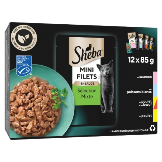Pâtée pour Chat Adulte Mini Filets en Sauce Poulet Boeuf Poissons Blancs Saumon SHEBA