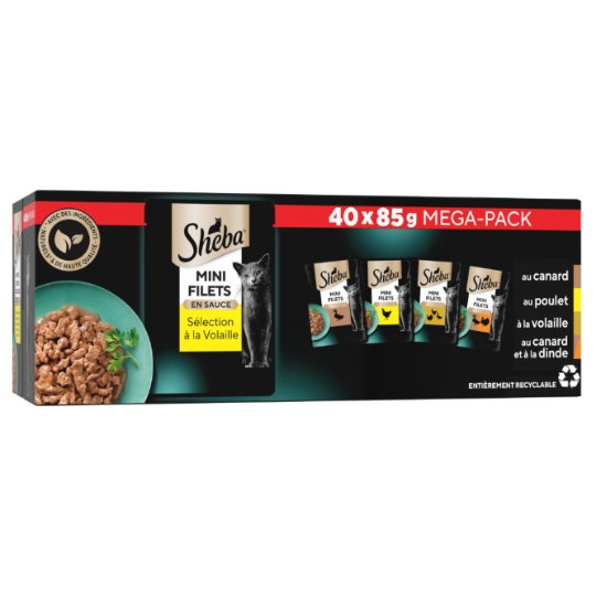 Pâtée Pour Chat Adulte Mini Filets En Sauce Volaille Canard Poulet Dinde Boeuf SHEBA