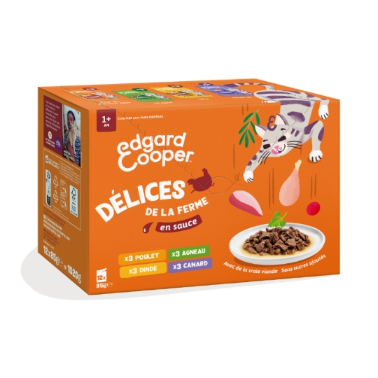Pâtée pour Chat Délices de la Ferme en Sauce Poulet Dinde Agneau Canard EDGARD & COOPER