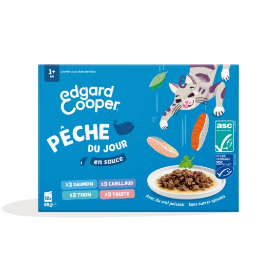Pâtée pour Chat Adulte en Sauce Saumon Cabillaud Thon Truite Pêche du Jour EDGARD COOPER