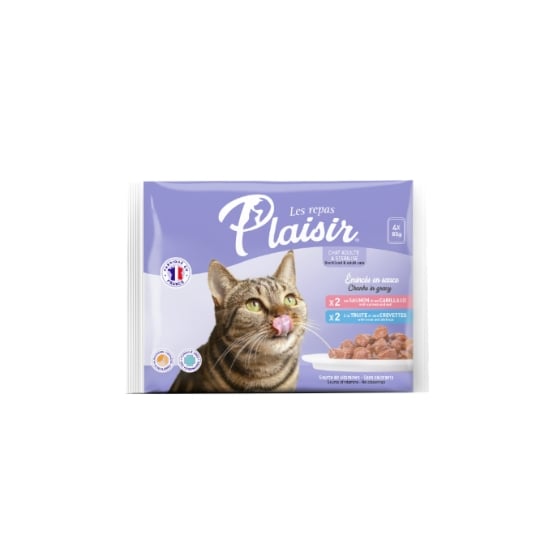 Pâtée Pour Chat Adulte Stérilisé Émincés En Sauce Saumon Cabillaud Truite Crevettes LES REPAS PLAISIR