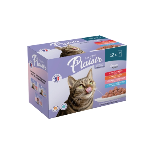 Pâtée pour Chat Adulte en Sauce Stérilisés Bœuf Dinde Poulet Foie Saumon Cabillaud Truite Crevettes LES REPAS PLAISIR