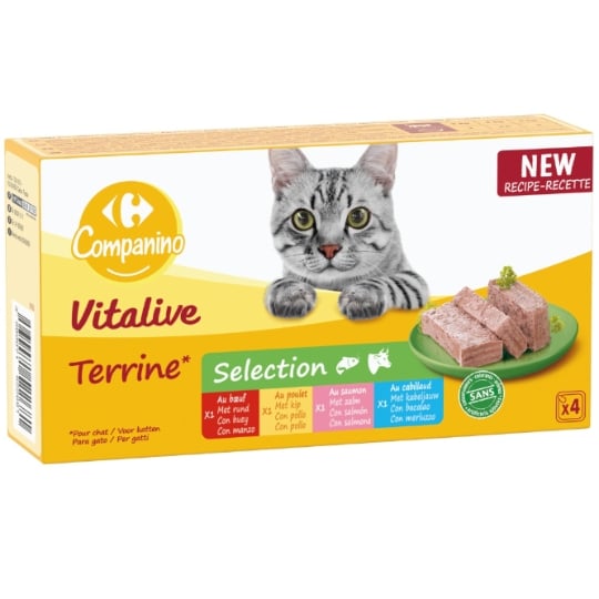 Pâtée Pour Chat Adulte En Terrine Boeuf Poulet Saumon Cabillaud Vitalive CARREFOUR COMPANINO