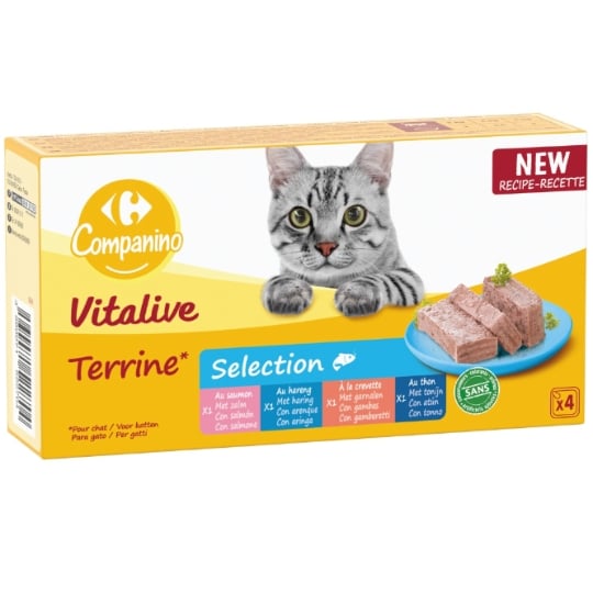 Pâtée Pour Chat Adulte En Terrine Saumon Hareng Crevette Thon Vitalive CARREFOUR COMPANINO