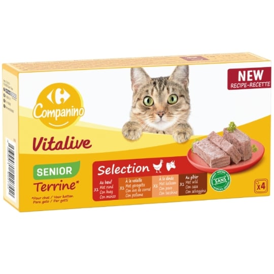 Pâtée Pour Chat Sénior En Terrine Gibier Dinde Boeuf Volaille Vitalive CARREFOUR COMPANINO