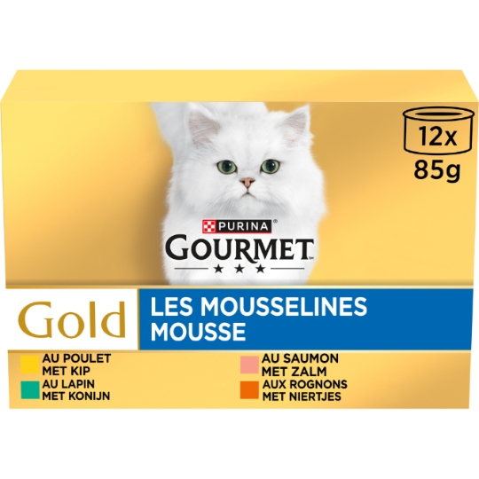 Pâtée Pour Chat Adulte Poulet Lapin Saumon Rognons Les Mousselines En mousse Gold GOURMET