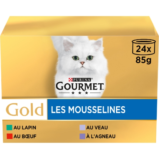 Pâtée Pour Chat Adulte Mousselines En Mousse Agneau Boeuf Lapin Veau Gold GOURMET