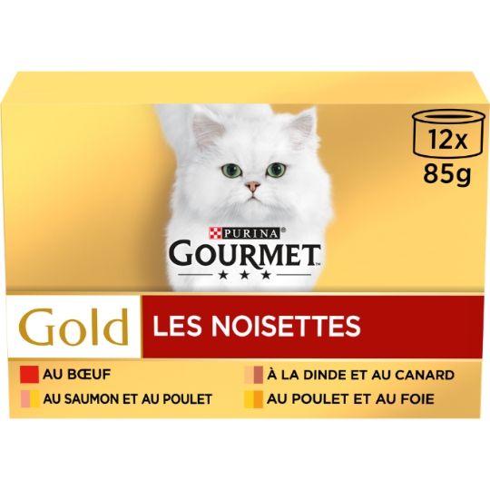 Pâtée Pour Chat Adulte Boeuf Dinde Saumon Poulet En Sauce Les Noisettes Gold GOURMET