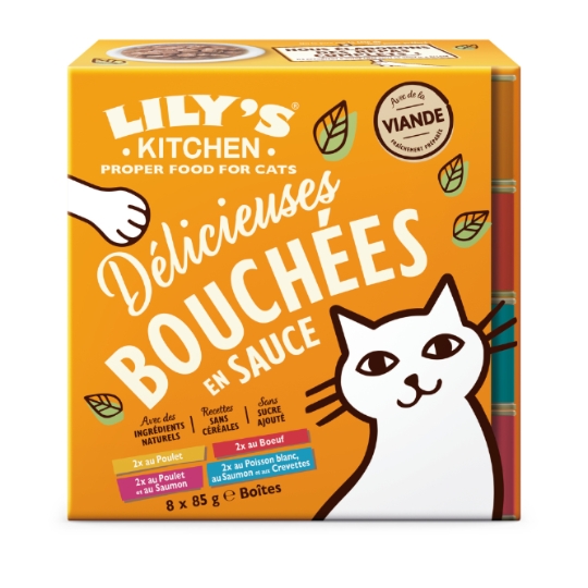 Pâtée pour Chat Adulte Bouchées en Sauce Poulet Boeuf Saumon Crevettes LILY'S KITCHEN