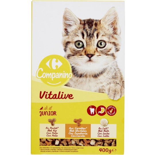 Aliment complet pour chatons au poulet, carottes et lait. CARREFOUR