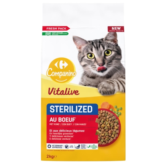 Croquettes pour Chat Adulte Stérilisé Bœuf et Légumes Vitalive CARREFOUR COMPANINO